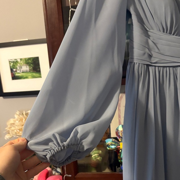 Elegant Azazie Blue Long Sleeve Princess Wedding Bridesmaid Dress - Picture 4 of 8